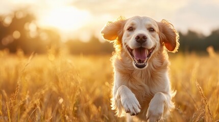 A joyful golden retriever bounds through a sunlit field, exuding happiness and exuberance, as the warm glow of sunset enhances the serene beauty of the natural surroundings.