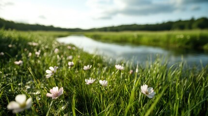 Obraz premium A peaceful scene showcases delicate pink wildflowers flourishing by a calm stream, reflecting the richness of nature and the serenity that comes with living in harmony with the environment.