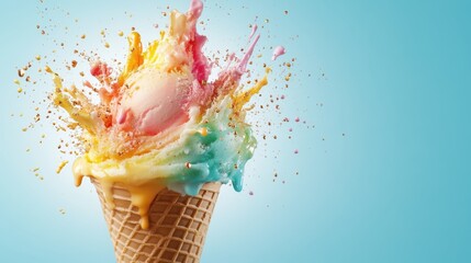 A vibrant ice cream cone erupts in a colorful splash, showcasing an array of pastel hues, evoking joy and whimsy for ice cream lovers and dessert enthusiasts.