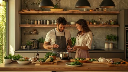 A couple cooking together in a sleek, open-plan kitchen. Neatly arranged ingredients, natural wood accents, and soft pendant lighting create a welcoming and stylish space. 