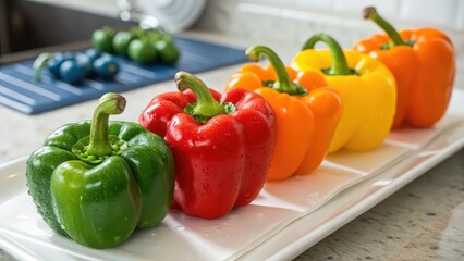 A colorful row of bell peppers on a white tray with limes and blue tools in the background
