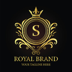 Golden shield vector emblem with crown and ribbon, a vintage award design element LOGO S