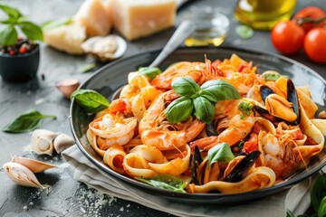 Flawless Image of Gourmet Pasta Meal with Fresh Seafood
