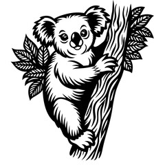Obraz premium Cartoon koala climbing a tree isolated on white background