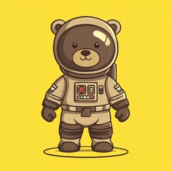 Cute cartoon bear astronaut on yellow background