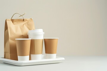 White Paper Bag, Brown Paper Disposable Cups with a Plastic Lid Stand in the Tray