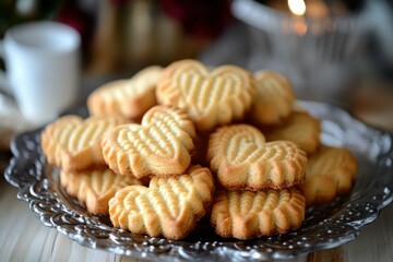 high definition image of set of tasty fresh cookies in form of hearts