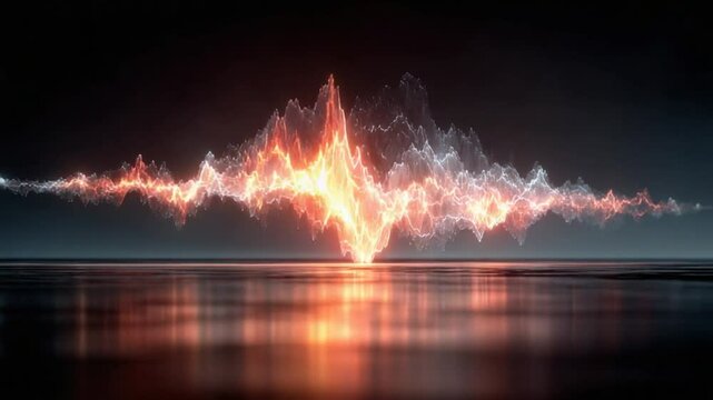 Dynamic audio waveform visualization with vibrant energy, reflections, and dark background