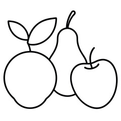 Line art illustration of an apple pear and orange