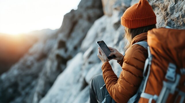 A lone hiker sits on a rocky cliff, using a smartphone amidst breathtaking views of mountains bathed in sunlight, capturing the essence of adventure and connectivity.