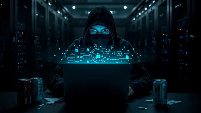 Digital hacker identity render with glowing UI layers and encrypted data imagery