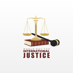 World Day For International Justice with scales of justice, book and wooden hammer