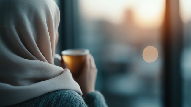 A serene woman wearing a hijab enjoys a warm drink while gazing out the window, capturing a tranquil moment as soft sunlight fills the space around her, radiating warmth and comfort.