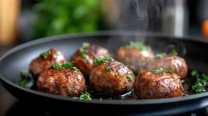 A sizzling plate of meatballs cooking in a frying pan, infused with aromatic herbs, creating a delicious cooking moment that evokes the joys of home-cooked meals and rich flavors.