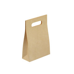 A simple brown paper bag with a cut-out handle, commonly used for carrying food or small items.