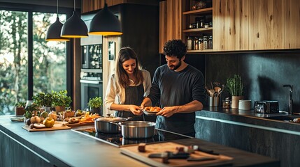 A couple cooking together in a sleek, open-plan kitchen. Neatly arranged ingredients, natural wood accents, and soft pendant lighting create a welcoming and stylish space. 