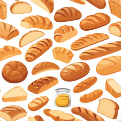  flat vector clip art set of various bread types such as loaf, sliced bread, croissant, baguette, bun, and toast. Use warm solid colors