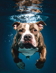 American Bully Swimming in Deep Blue Water – Athletic Dog Action Shot in Motion