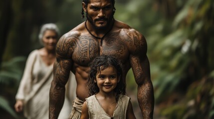 A powerful man with an impressive physique walks alongside a small child in a lush forest, illustrating a nurturing bond and connection with nature in a vibrant setting.