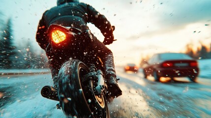 An intense action shot of a motorcycle rider speeding through a snowy landscape, capturing the thrill and adrenaline of winter sports and the spirit of adventure.