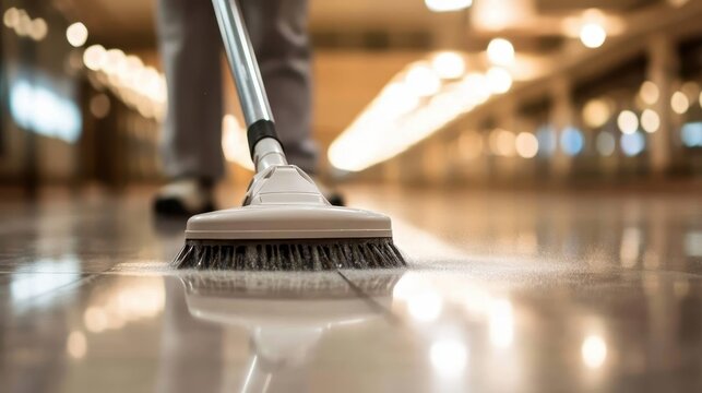 A focused view of a cleaning staff member using a vacuum cleaner to maintain the cleanliness of a spacious hall, emphasizing the importance of hygiene in public spaces.