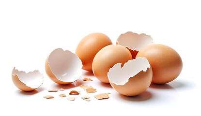 Brown eggs with broken shells isolated on white