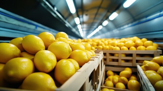 A vibrant collection of fresh lemons stacked in wooden crates within a spacious storage facility, highlighting their bright yellow color and freshness for potential buyers.