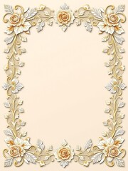 Elegant gold and cream rose floral frame, ornate design, beige background, vintage style, decorative border, wedding invitation template, luxury, classic,