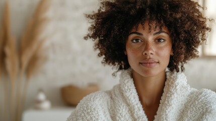 A natural portrait of a woman with a serene expression in a cozy environment, showcasing simplicity and the beauty of self-care and mental well-being.