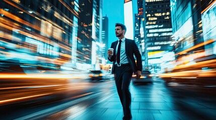 A businessman in a tailored suit walking briskly through a busy urban street, coffee cup in one hand and phone in the other. Blurred lights of passing cars and tall glass buildings add to the fast
