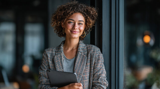 Portrait of a smiling woman with curly hair holding a tablet near a window