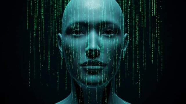 A futuristic digital face being formed by falling green binary code on a black background, seamless looping 4k time-lapse animation video background. Artificial intelligence concept