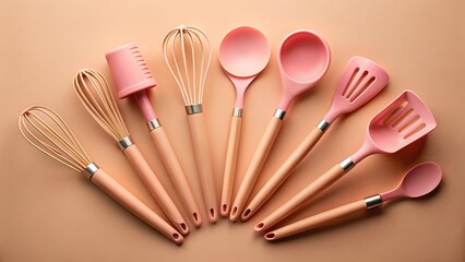 Pink Silicone Kitchen Utensil Set on Beige Background