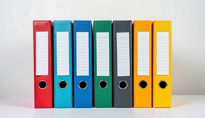 Colorful ring binders lined up on a white surface