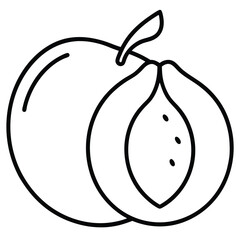 Line art illustration of a peach halved