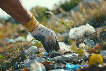 Closeup of a Hand Cleaning Up Plastic and Garbage Outdoorsenvironmental Protection and Ecology