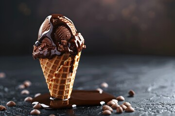 Detailed Visual  of Chocolate Ice Cream in Waffle Cone with Chocolate Sauce on Dark Surface