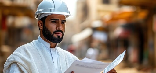 Arab Engineer Reviewing Plans
