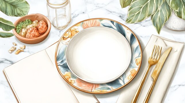 Elegant Thai dessert menu mockup with sakoo sai moo, marble surface, and fine dining cutlery, upscale fusion restaurant concept, area for menu text