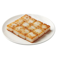 A plate of pan-fried Cantonese turnip cake, or Lo Bak Go, for a dim sum meal on isolated transparent background, a savory classic.