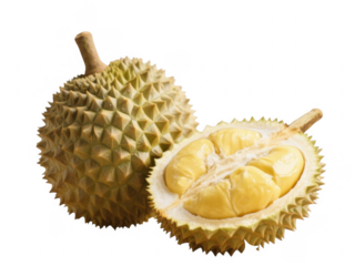 Durian Fruit Whole and Halved with Spiky Exterior and Creamy Yellow Flesh on Transparent Background