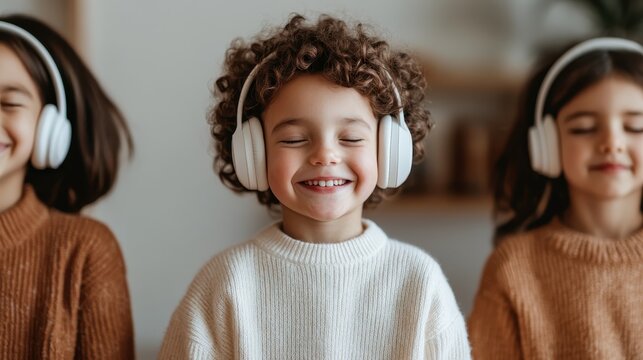 A joyful child wearing headphones and immersed in music, capturing pure happiness and the innocence of childhood in a warm, cozy environment filled with joy. - Powered by Adobe