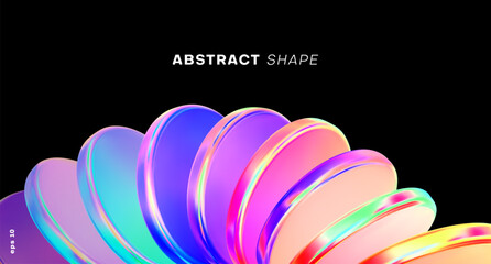 Abstract gradient poster with glass shape. Colorful fluid gradient circle disk black background. Geometric technology abstract pattern. Iridescent glass round element. Vector illustration