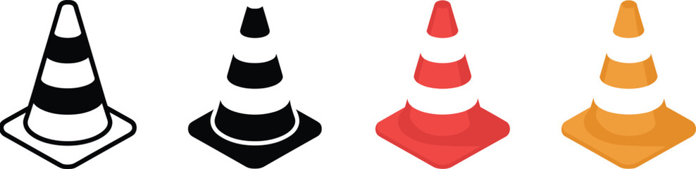 Versatile Safety Cone Icons: Black and White Outlines with Flat Red and Orange Solid Fill Styles for Construction, Roadwork, Warning, and Hazard Signage.