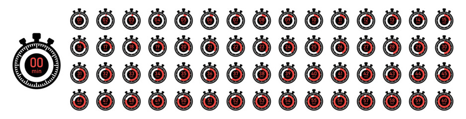 Vector icon set of stopwatch timers labeled from 1 to 60 minutes. Clean, bold, red, black digital style ideal for UI,UX, apps, or fitness trackers.