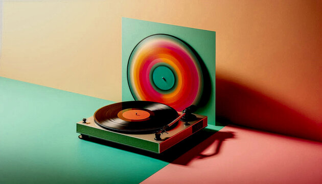 Stylized product photography of turntable and vinyl record for design templates.