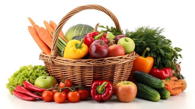 Basket of fresh fruits and vegetables on white background, ideal for organic market ads, healthy lifestyle blogs, diet plans, vegetarian meal prep visuals