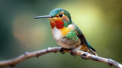 Naklejka premium A vibrant hummingbird rests gracefully on a branch, showcasing its brilliant colors and delicate features, symbolizing beauty, nature, and the essence of wildlife in a serene environment.