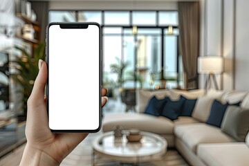 Close Up View of Woman Hand Holding Smart Phone with Blurred Living Room in Background