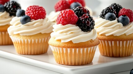 A tempting display of freshly baked cupcakes topped with rich cream and berries presents a delightful treat, perfect for celebrations and sharing joy.